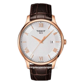 TISSOT TRADITION T063.610.36.038.00 Brown Rosegold Dial White Leather Strap
